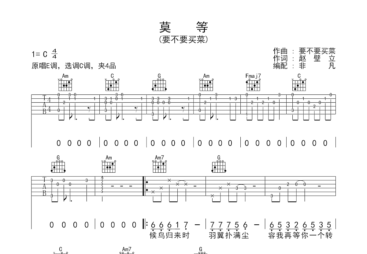 莫等吉他谱_要不要买菜_c调弹唱_69%原版_非凡音乐编配 吉他世界