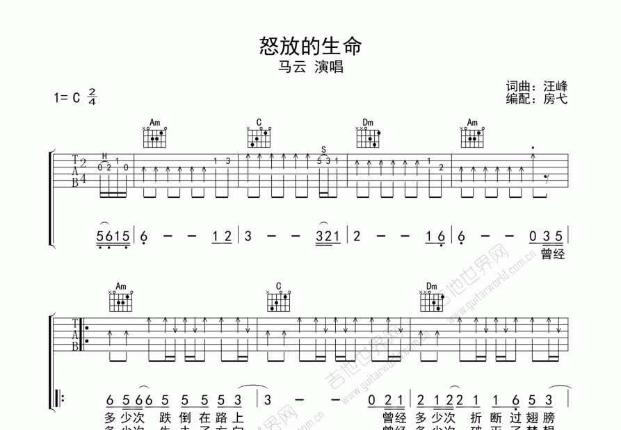 怒放的生命吉他谱_马云_c调弹唱 吉他世界网