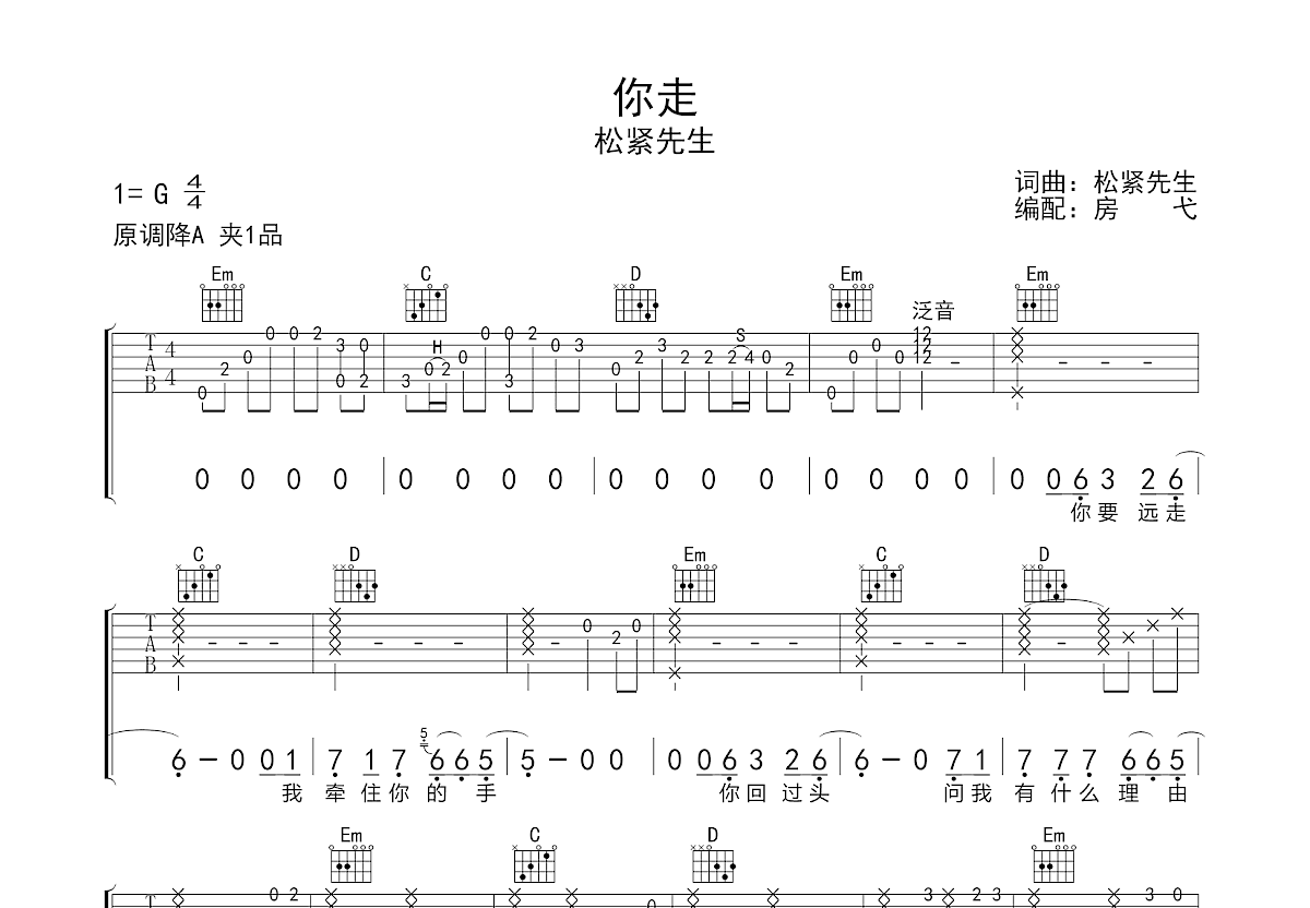 你走吉他谱_松紧先生g调弹唱59%原版_房弋up 吉他世界