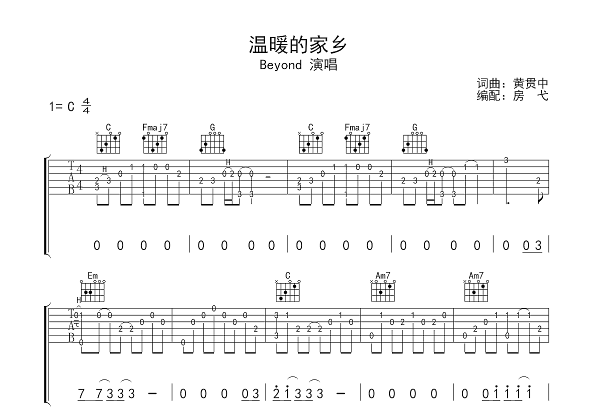 温暖的家乡吉他谱_beyond_c调指弹 吉他世界网