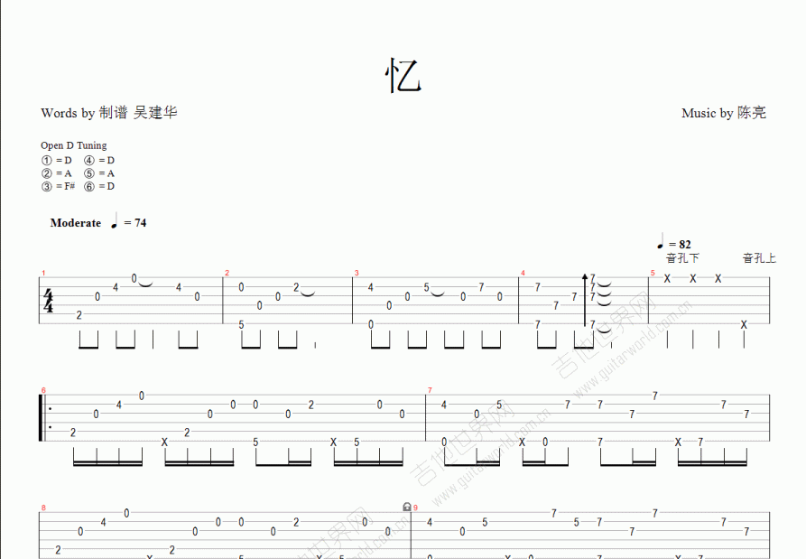 忆吉他谱_陈亮d调指弹_吴建华up 吉他世界
