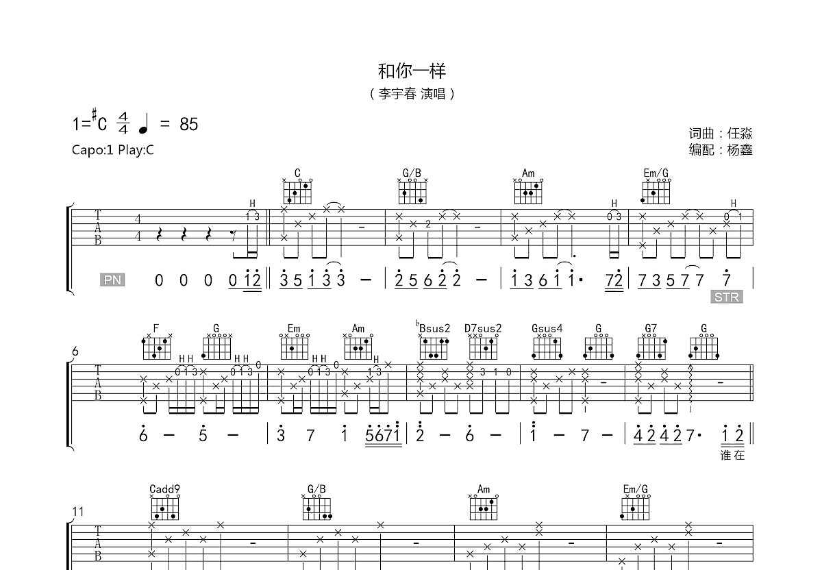 和你一样吉他谱_李宇春c调弹唱71%原版_老杨教吉他up 吉他世界