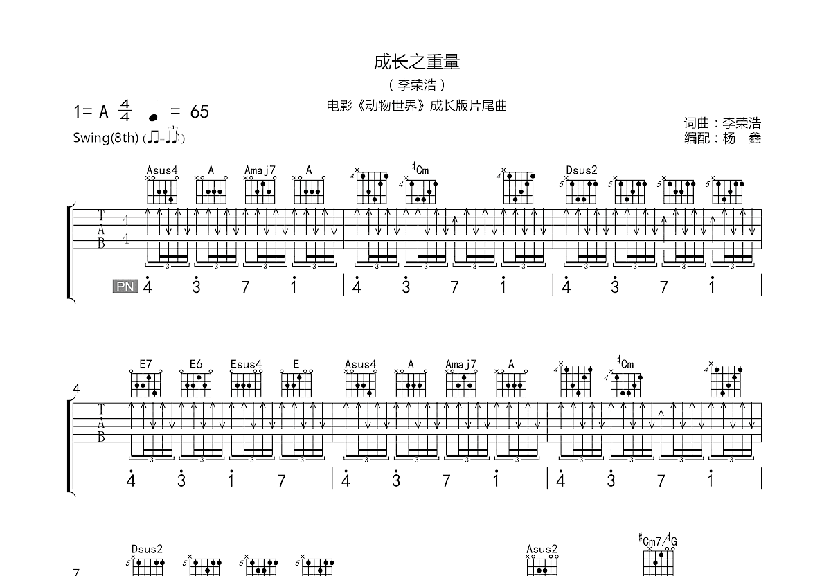 成长之重量吉他谱_李荣浩a调弹唱67%原版_老杨教吉他up 吉他世界