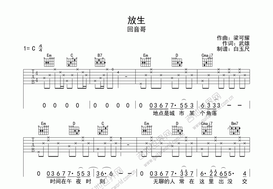 放生吉他谱_回音哥c调弹唱_白玉尺up 吉他世界