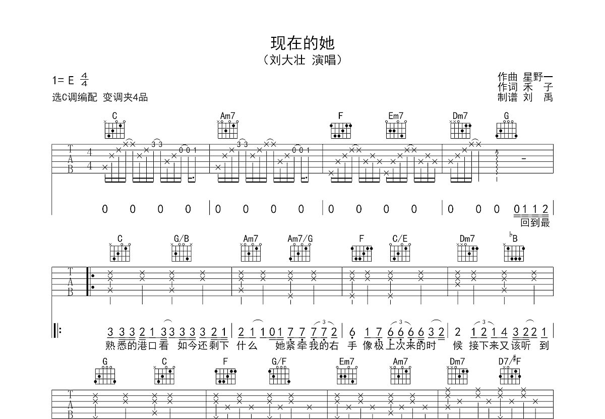 现在的她吉他谱_刘大壮_c调弹唱_72%原版_刘禹编配 吉他世界