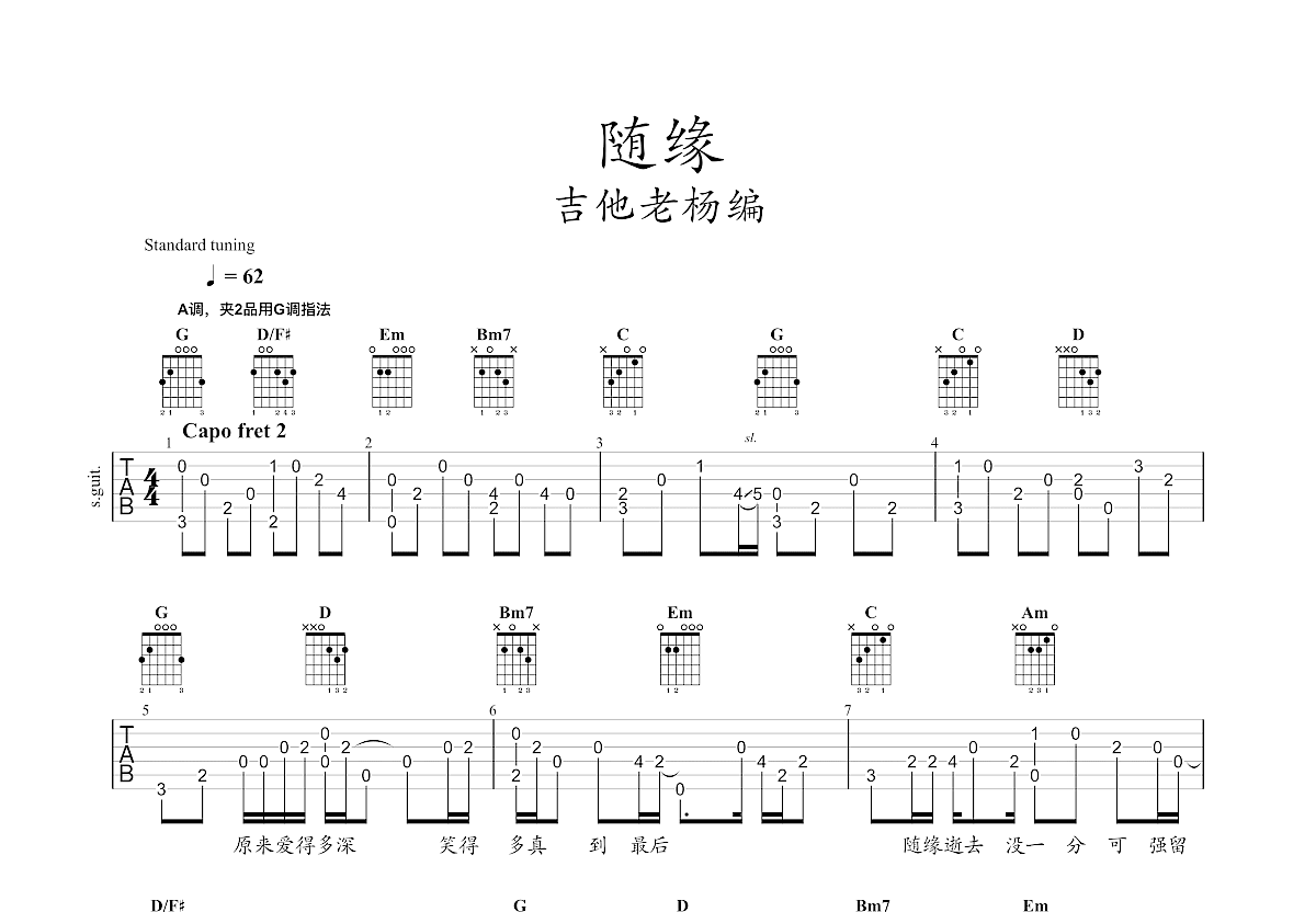 随缘吉他谱_温兆伦g调指弹_吉他老杨up 吉他世界