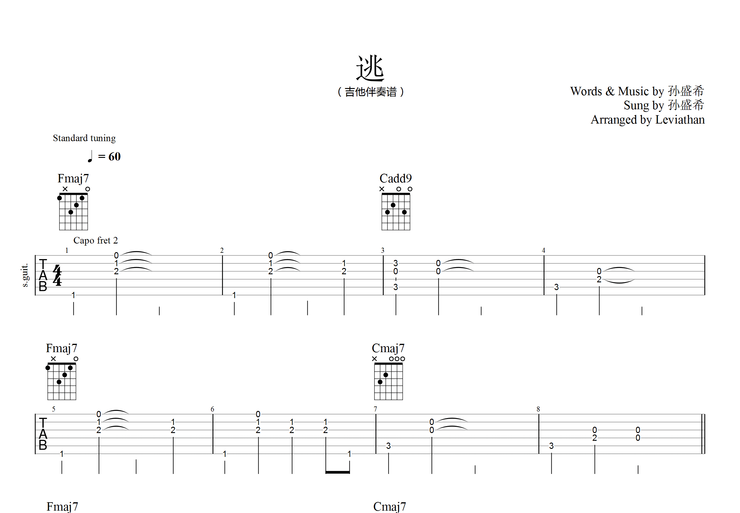 逃吉他谱_孙盛希c调solo片段_fu.up 吉他世界