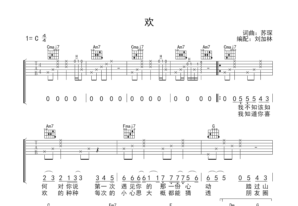 欢吉他谱_苏琛_c调弹唱_60%原版_刘加林编配 吉他世界
