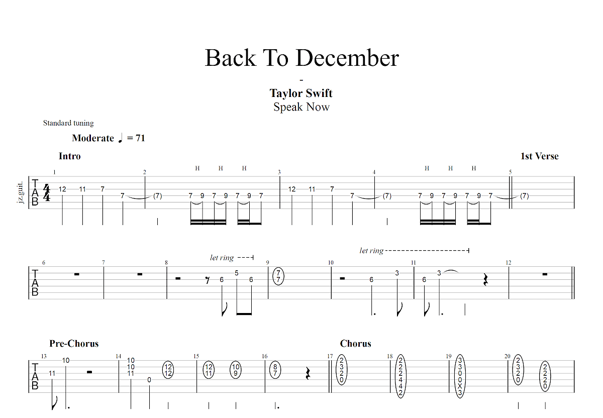 back to december吉他谱_taylor swift_c调总谱_catina编配 吉他