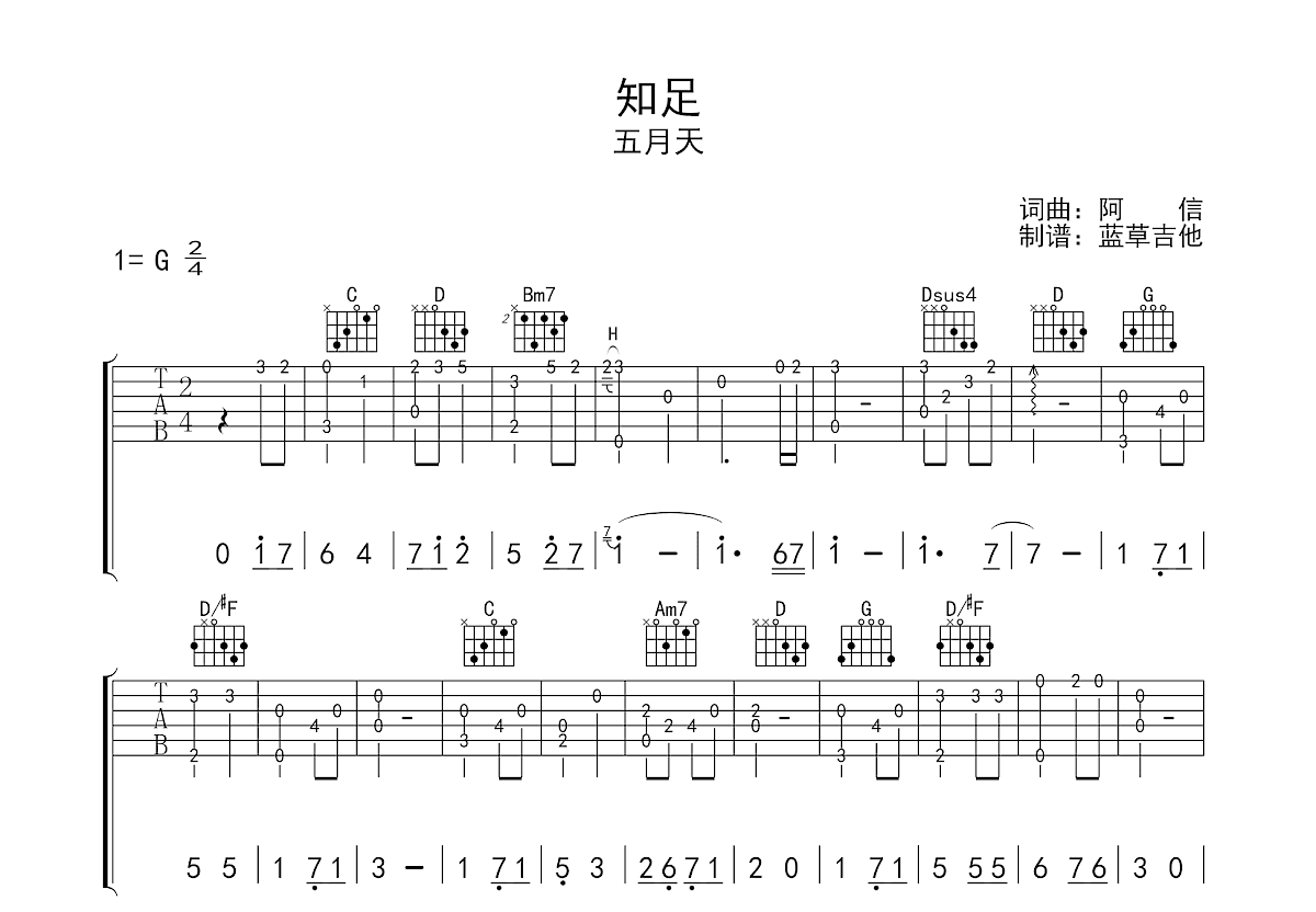 知足吉他谱_五月天g调指弹_蓝草吉他up 吉他世界