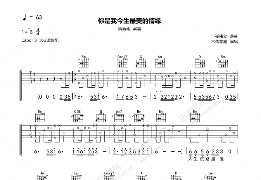 你是我今生最美的情缘吉他谱_魏新雨g调弹唱_六弦琴魔up 吉他世界