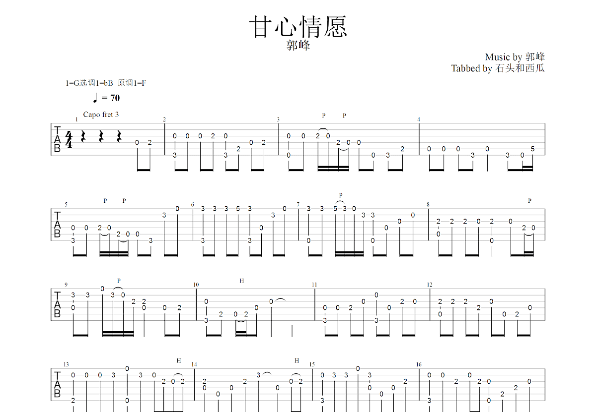 甘心情愿 吉他谱 -VanlePie-玩乐派