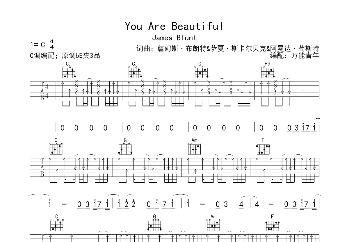 《You're Beautiful》吉他谱-James Blunt-C调弹唱谱-高清六线谱-吉他源