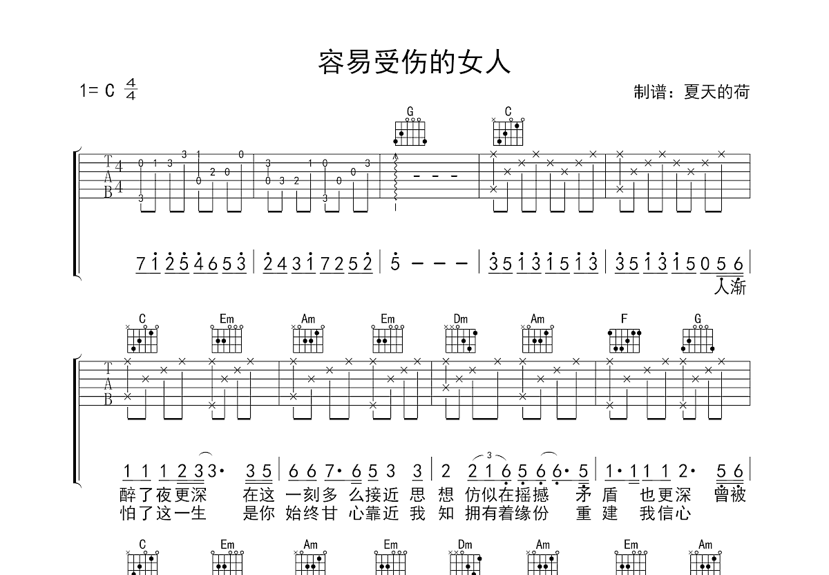 受伤的女人吉他谱图片