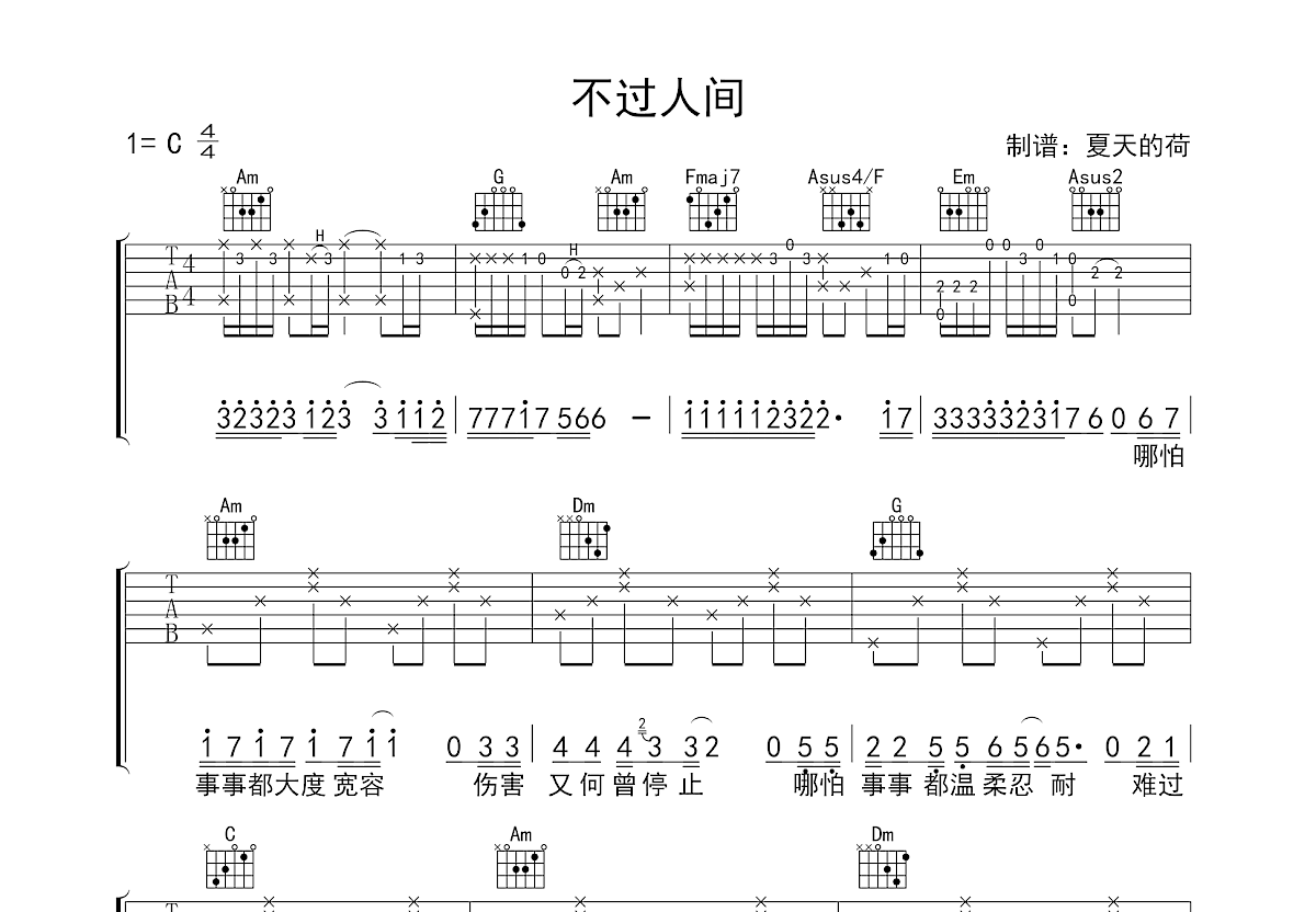 不过人间吉他谱_海来阿木c调弹唱69%原版_夏天的荷up - 吉他世界