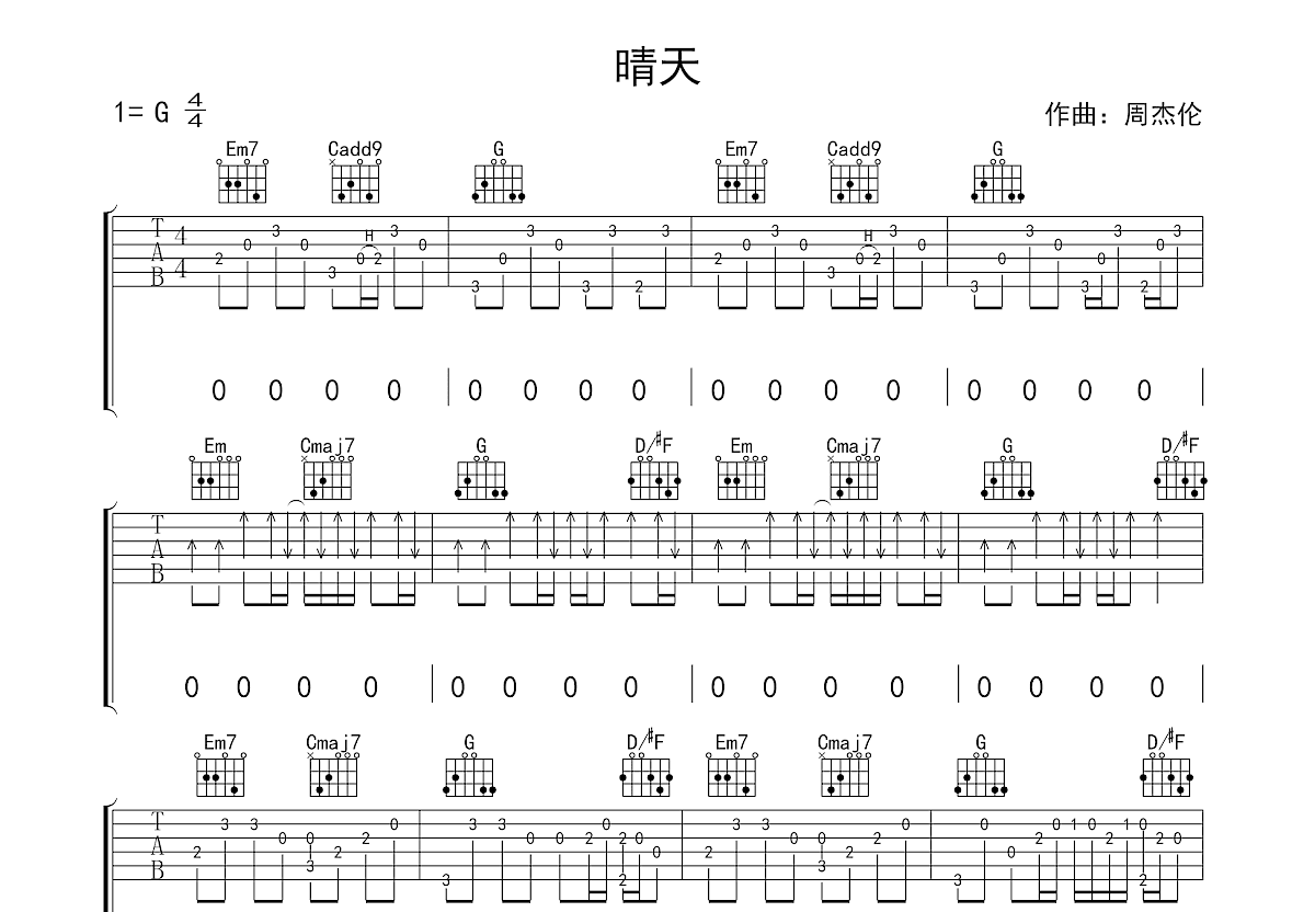 晴天吉他谱_周杰伦_G调指弹 - 吉他世界