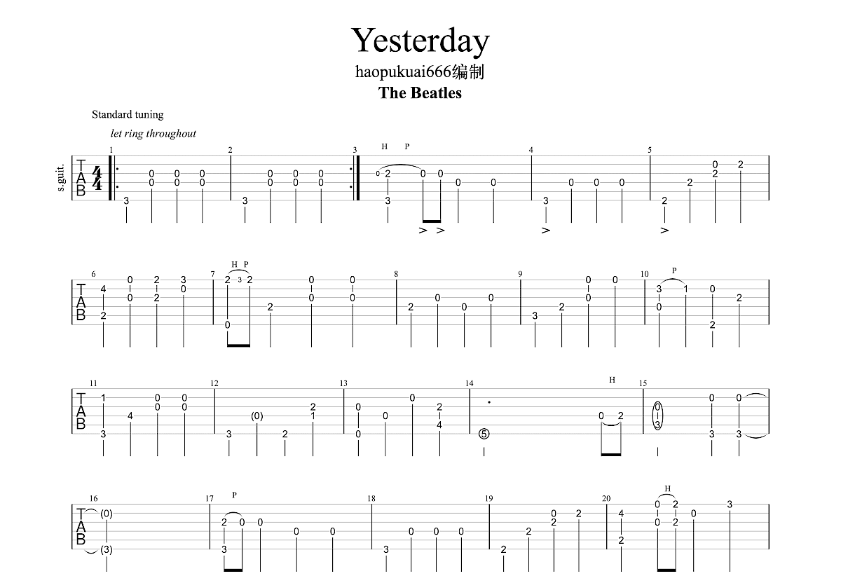 Yesterday吉他谱_南泽大介,The Beatles_C调指弹 - 吉他世界