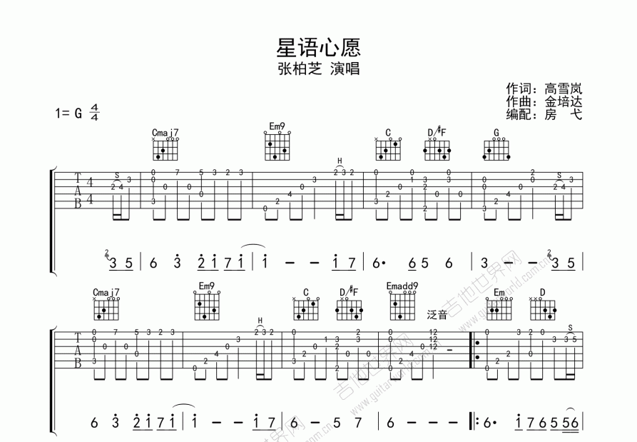 星語心願吉他譜_張柏芝_g調指彈 - 吉他世界