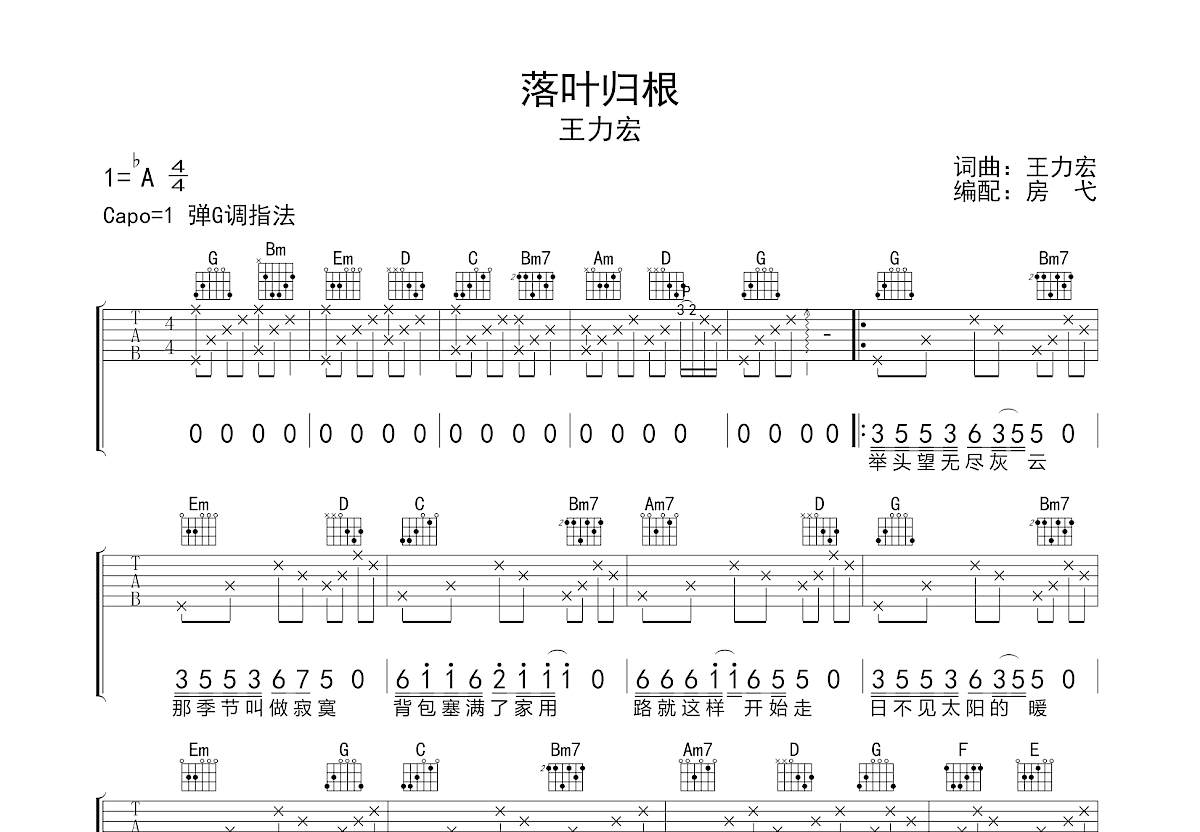 落叶归根钢琴谱_王力宏_D调独奏 - 吉他世界