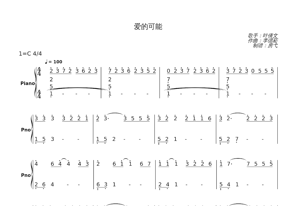爱的可能钢琴谱_叶倩文_c调独奏 吉他世界