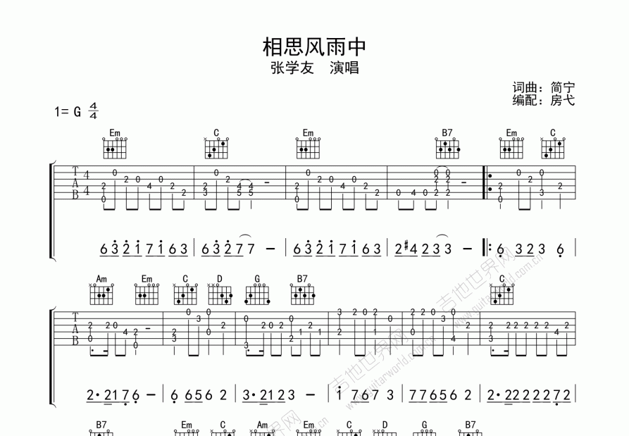相思风雨中吉他谱_张学友c调指弹_房弋up - 吉他世界