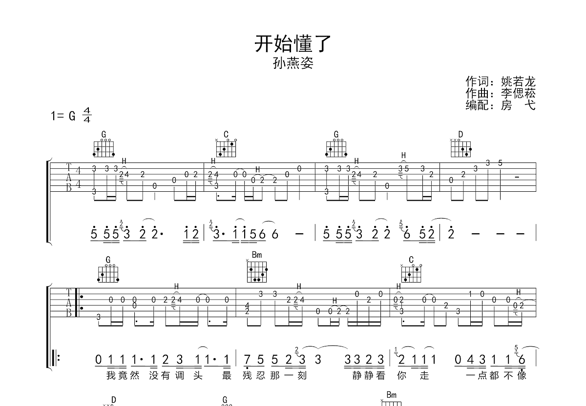 开始懂了吉他谱_孙燕姿_g调指弹 - 吉他世界