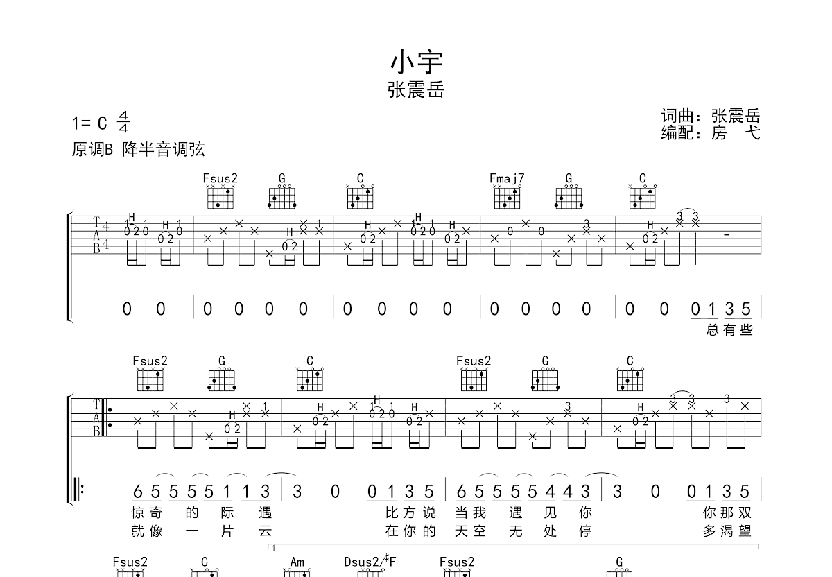 小宇吉他谱_张震岳_c调弹唱64%原版 吉他世界