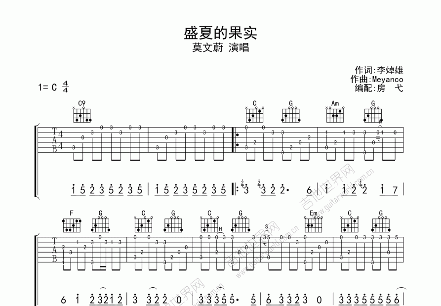 盛夏的果實吉他譜_莫文蔚_c調指彈吉他譜 - 吉他世界