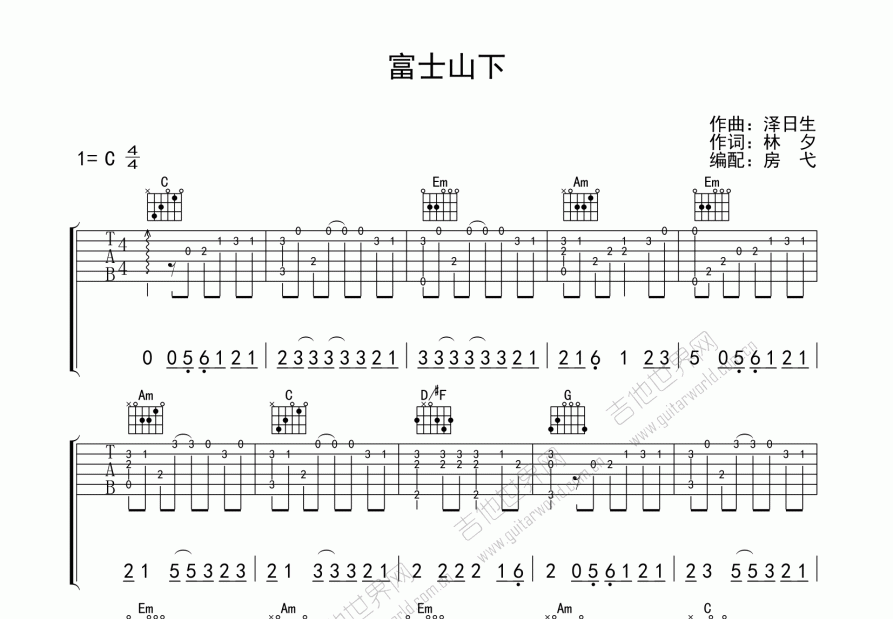 富士山下吉他谱_陈奕迅c调指弹_房弋up 吉他世界