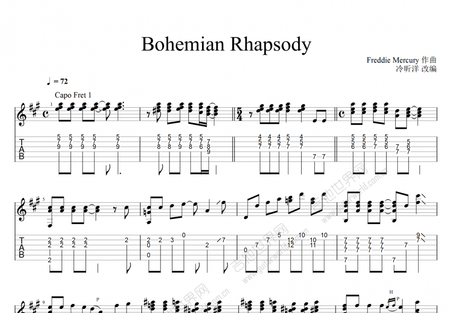 Bohemian Rhapsody吉他谱_Queen_降B指弹 - 吉他世界