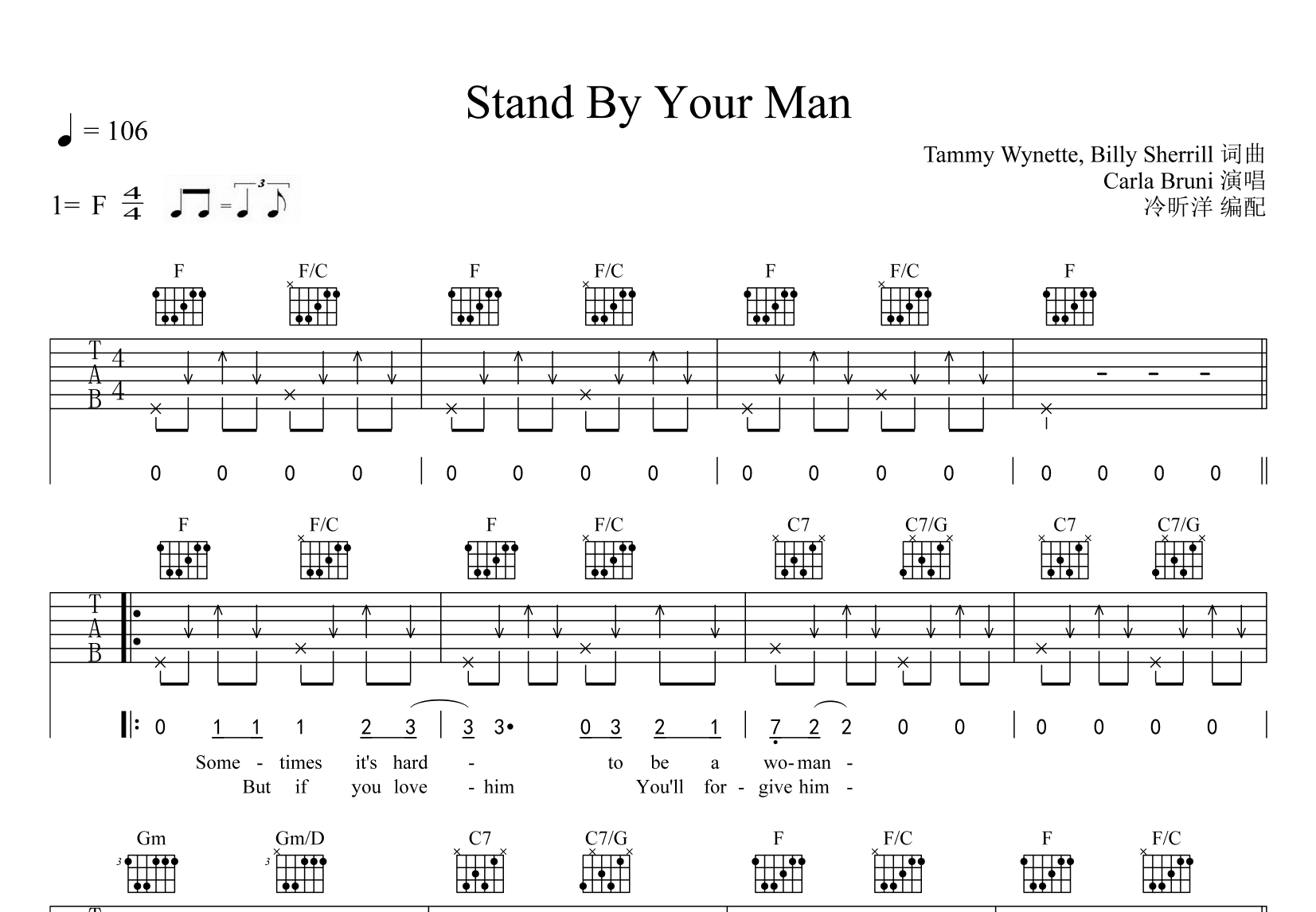 Stand By Your Man吉他谱_Carla Bruni_F调弹唱100专辑版 吉他世界