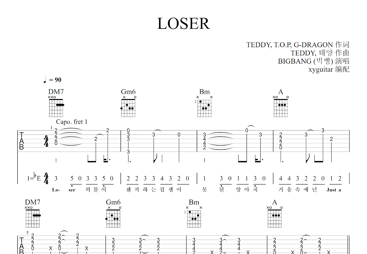《Loser》吉他简谱E大调指弹谱米津玄师 - 吉他曲谱 - 师谦曲谱网
