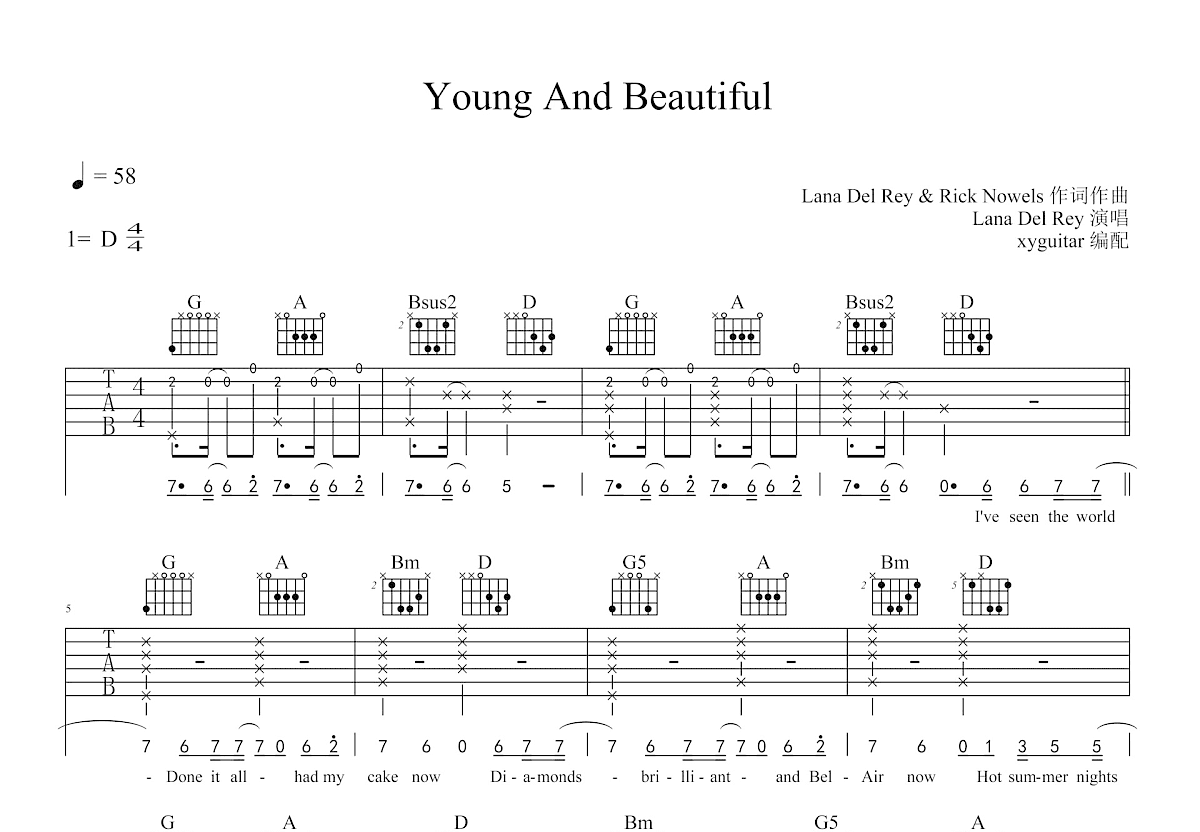 Young And Beautiful吉他谱_Lana Del Rey_D调弹唱91专辑版 吉他世界