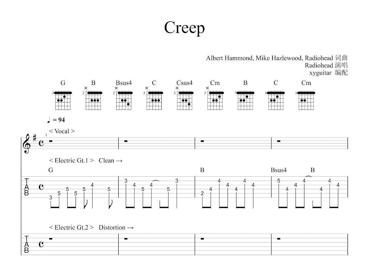 Creep吉他谱_Radiohead_G调指法拍弦版_吉他弹唱六线谱 - 酷琴谱