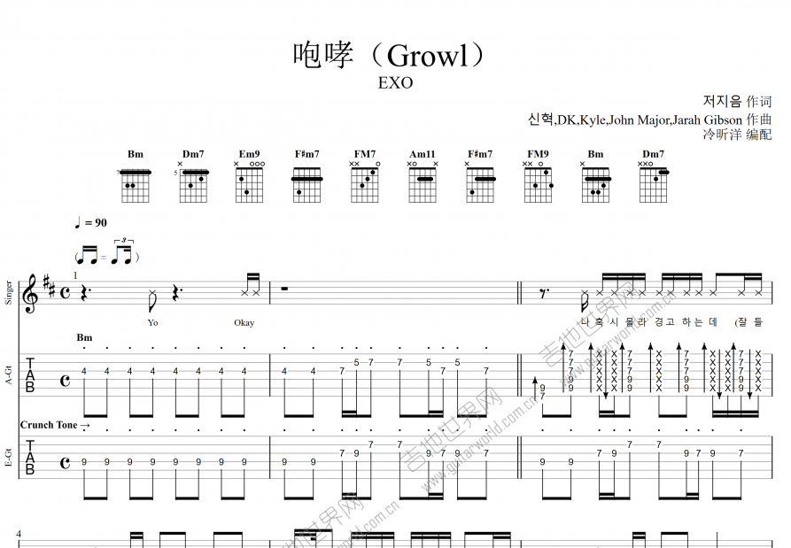 咆哮(growl)吉他谱_exo_d调总谱 - 吉他世界