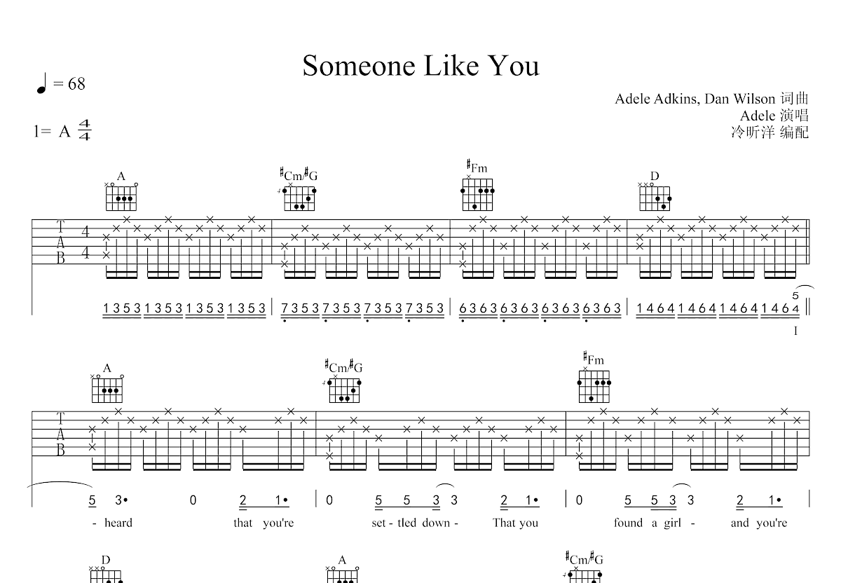 Adele(阿黛尔) - Someone like you [玩易吉他弹唱 男声版] 吉他谱