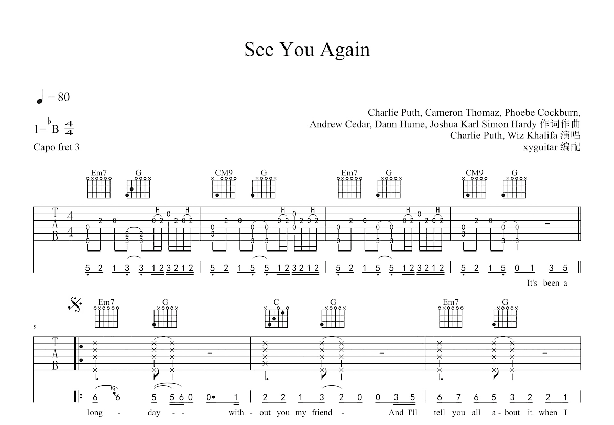 《see you again,钢琴谱》佚名（五线谱 钢琴曲 指法）-弹吧|蛐蛐钢琴网