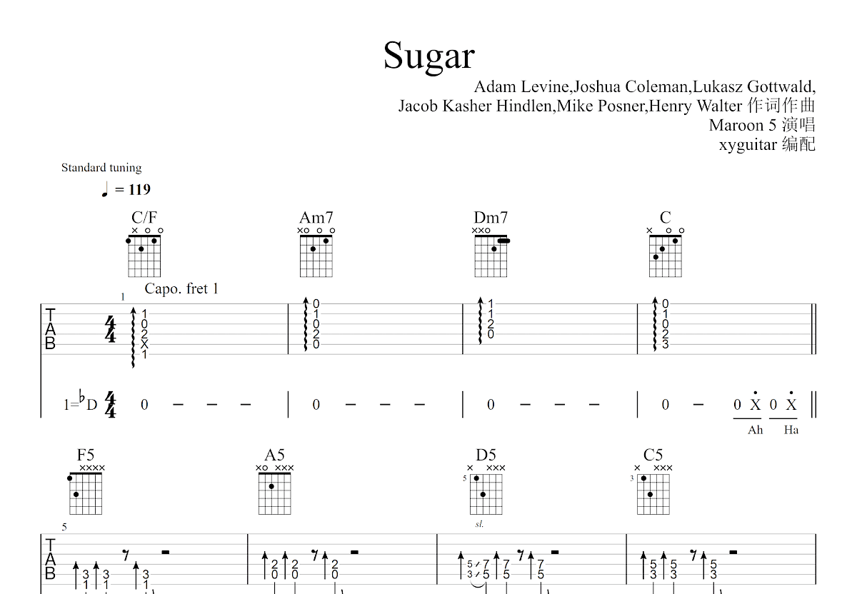 《Sugar》吉他简谱入门版图片 - C调吉他谱 - Maroon5的和弦谱(弹唱谱) - 吉他简谱