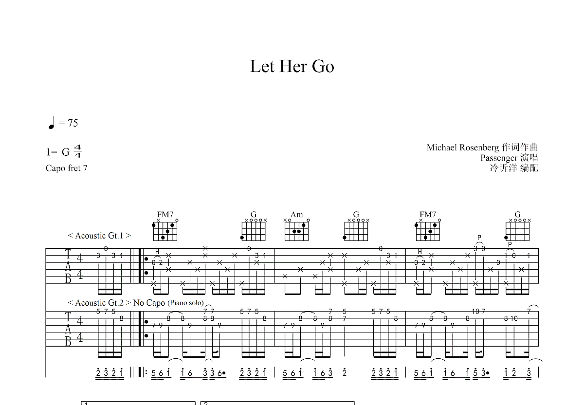 let her go吉他谱 E调六线谱-高清版-Passenger-看乐谱网