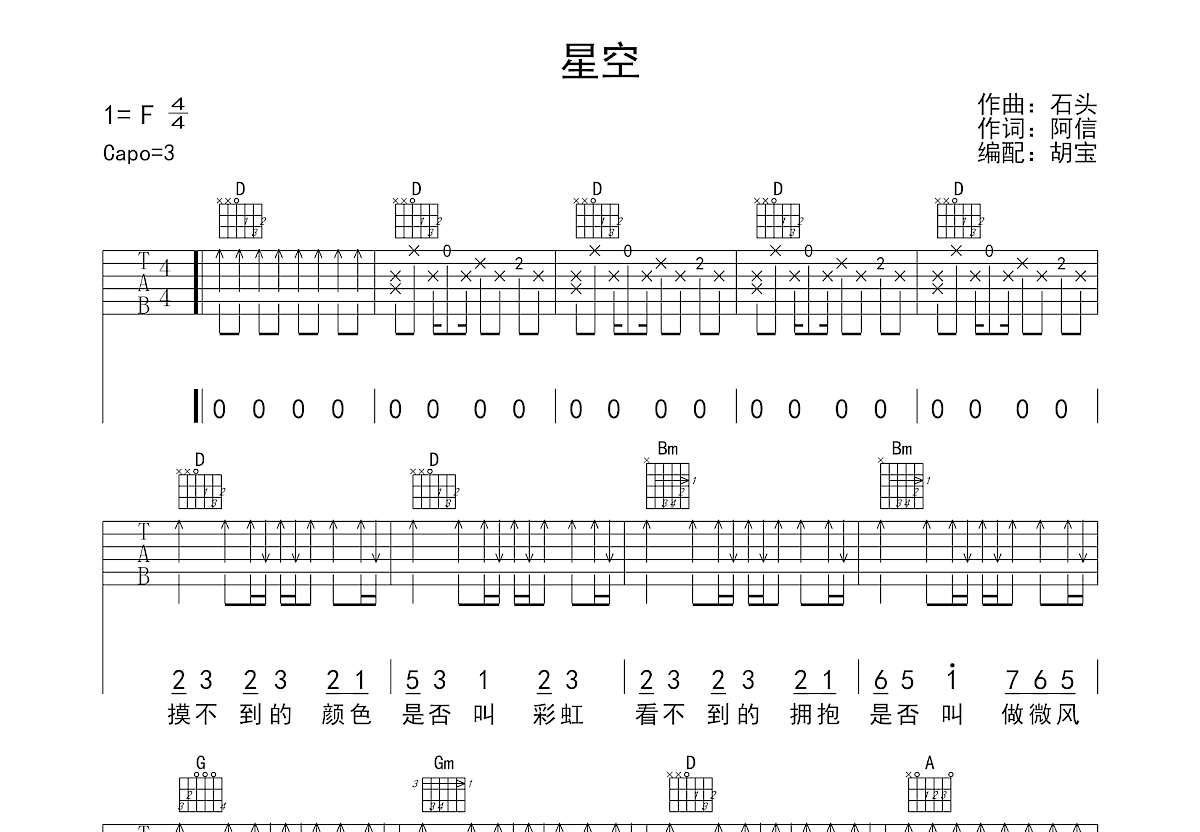 星空吉他谱-五月天-《星空》C调简单版弹唱六线谱-高清图片谱-歌谱网