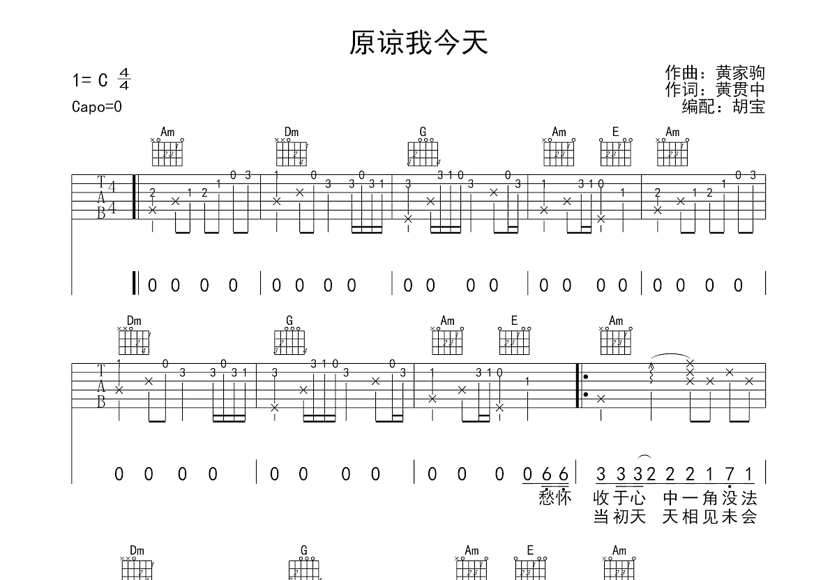 原谅吉他谱_张玉华_C调版吉他谱附教学讲解 - 吉他园地