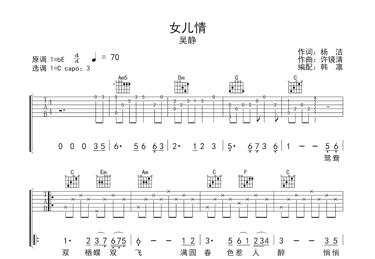 女儿情吉他谱c调 原版图片