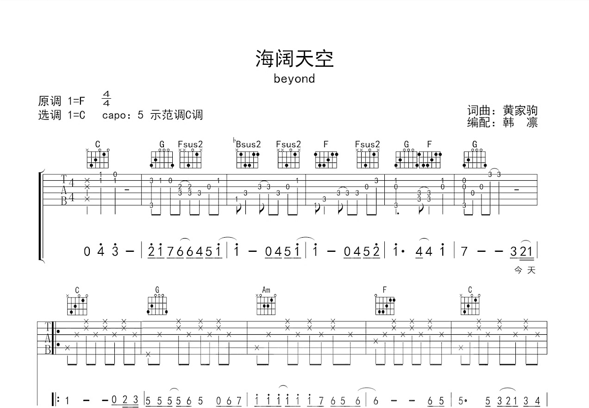 海阔天空（C调高清版） - beyond(别安乐队) - 吉他谱(十月老蒋制谱) - 嗨吉他