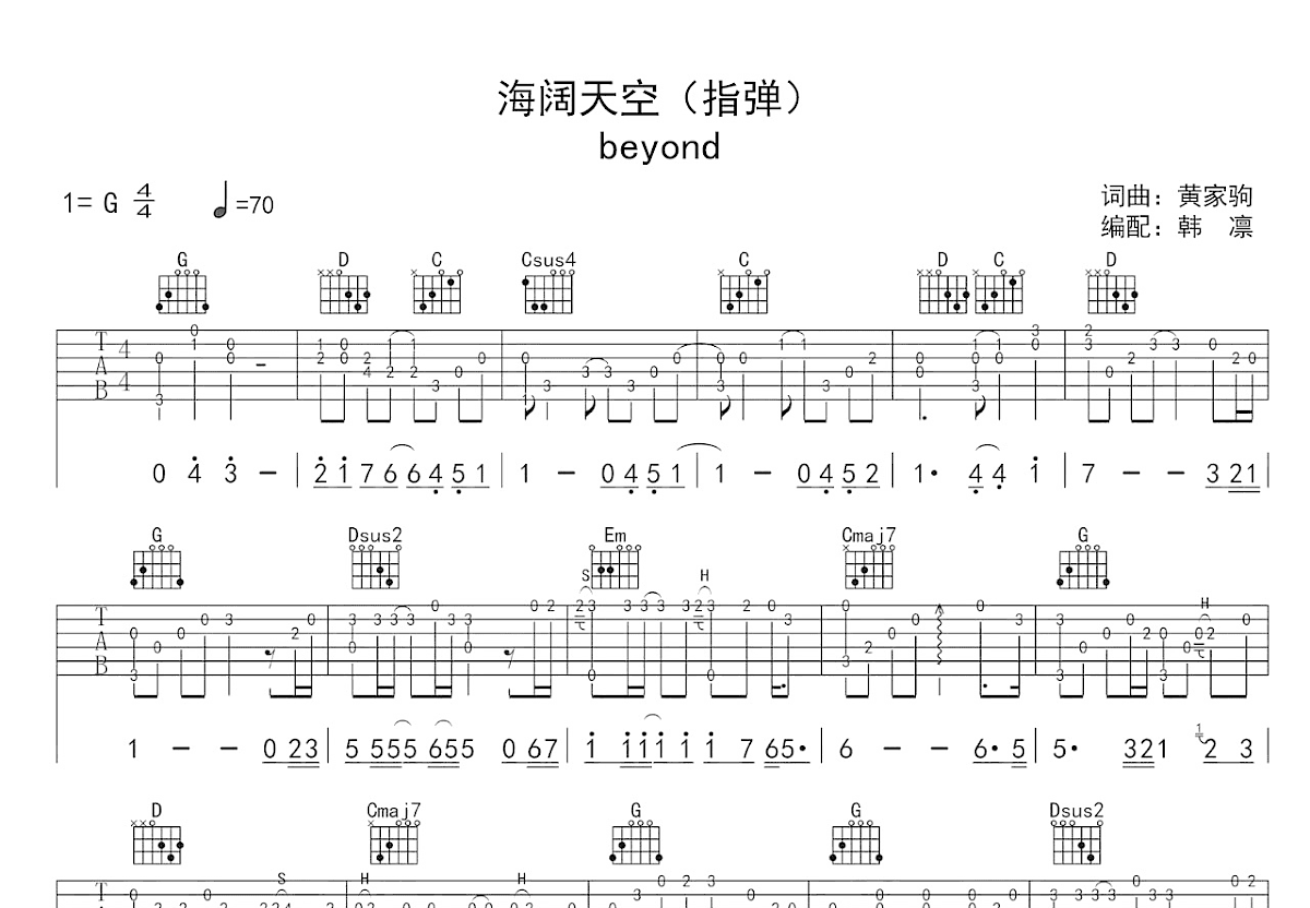 海阔天空 吉他 扫描版 Beyond 吉他谱 和弦谱,简谱,五线谱