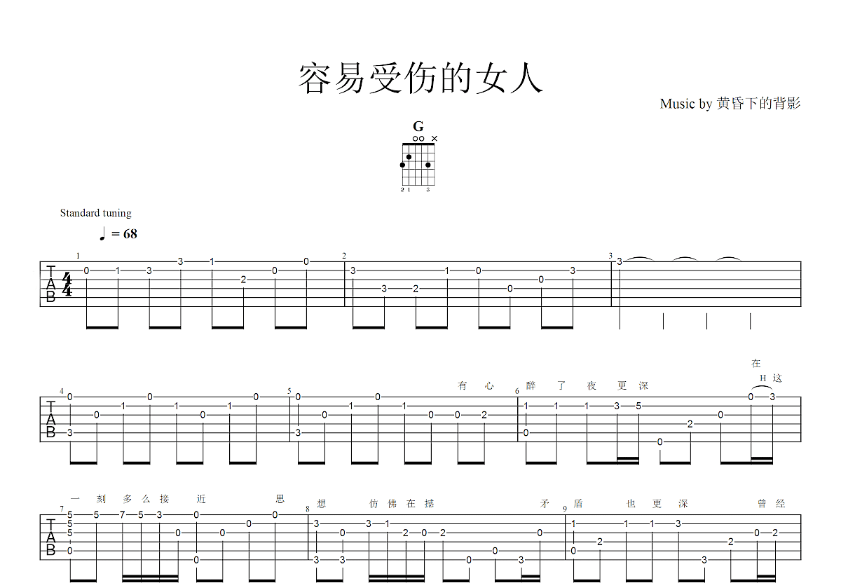 王菲《容易受伤的女人》吉他谱_C调吉他弹唱谱 - 打谱啦