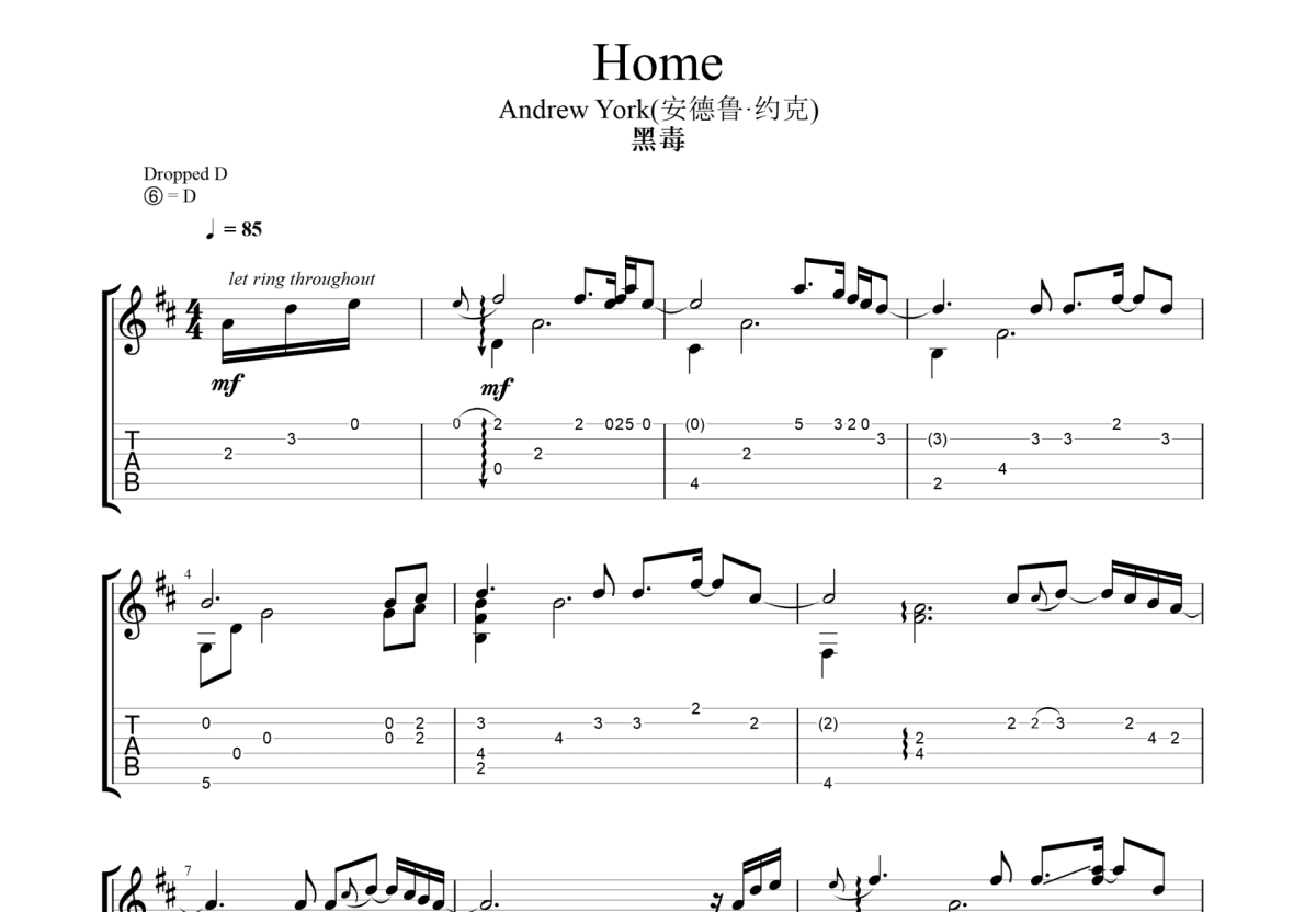 Home (1888 Torres)吉他谱 Andrew York 进阶D调古典指弹谱-吉他谱中国