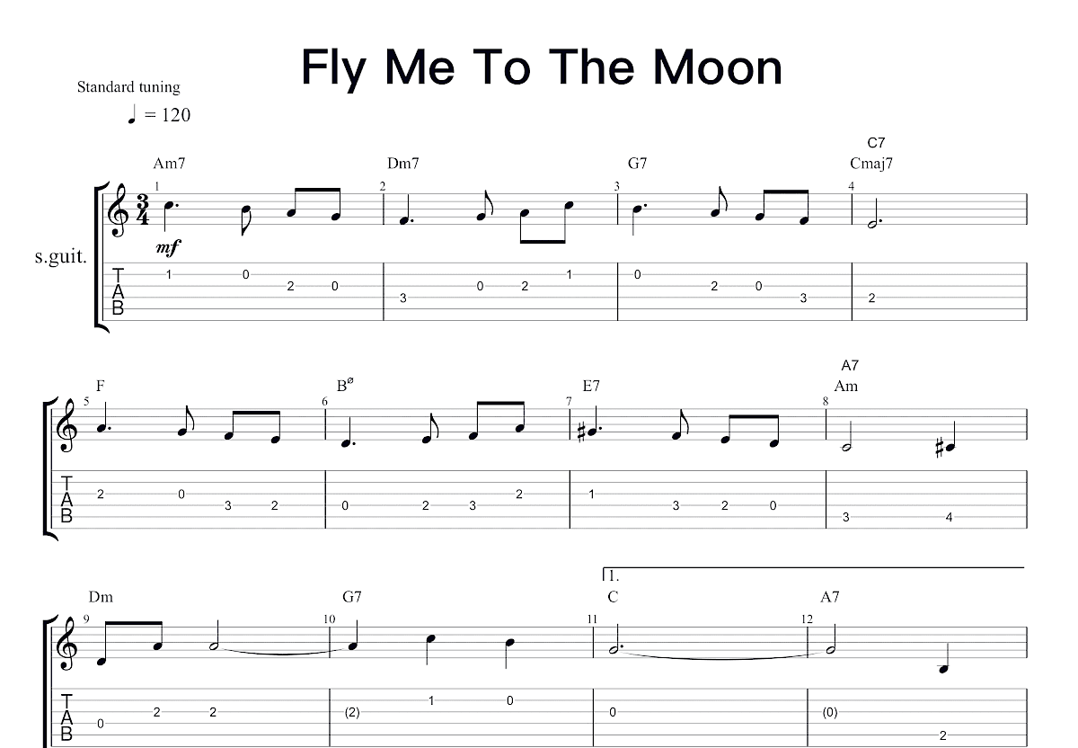 Fly Me To The Moon吉他谱_特.霍华德_C调单旋律 吉他世界