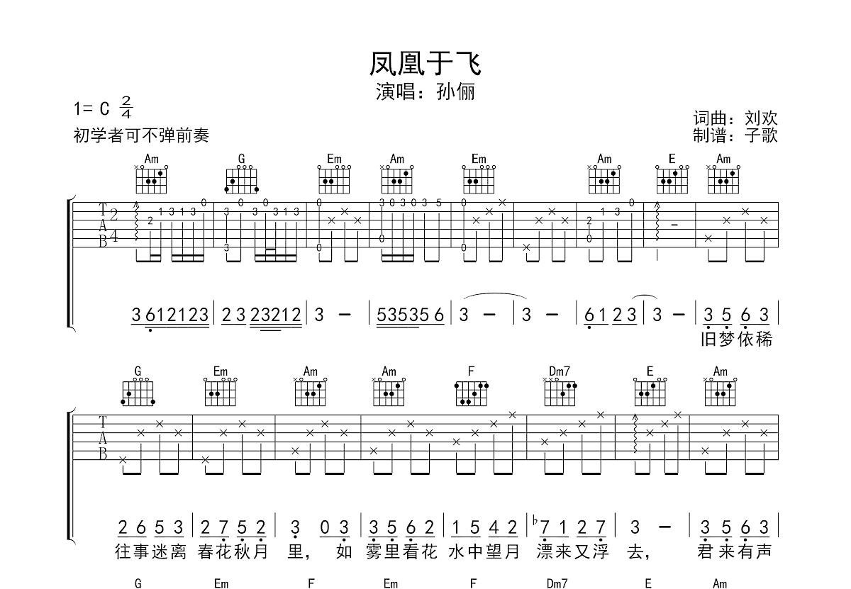 凤凰于飞吉他谱_孙俪_c调弹唱81%原版 - 吉他世界
