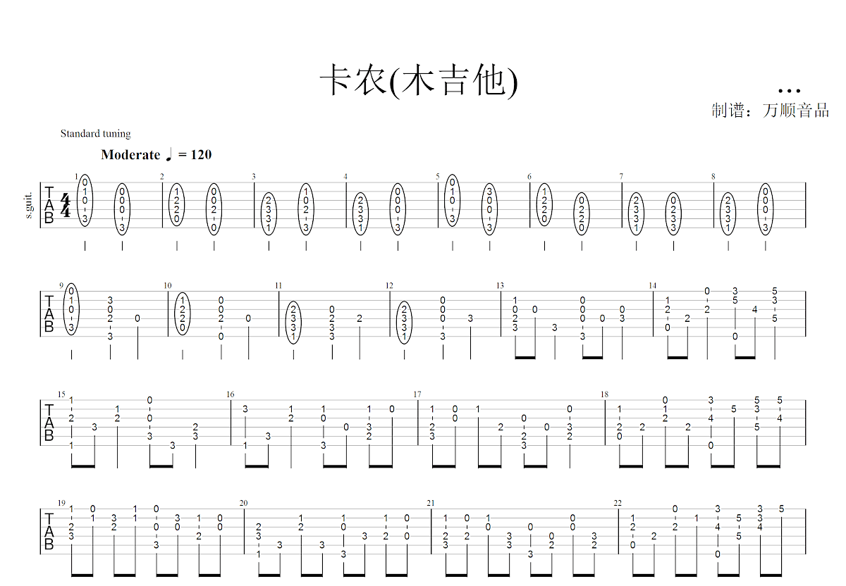卡农吉他谱C大调和弦简单完整版左右手初学吉他的简易版六线谱 - 易谱库
