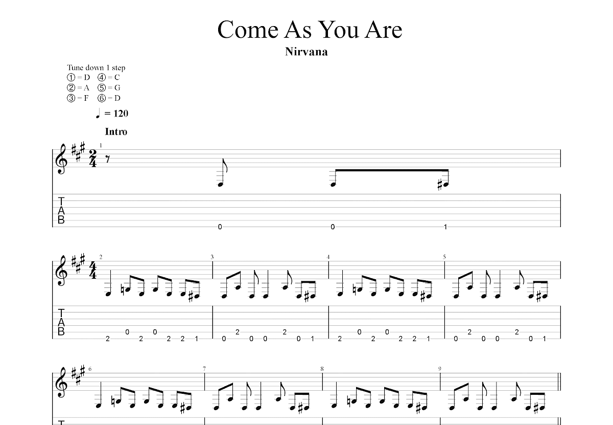 Come As You Are吉他谱_Nirvana_D调总谱 吉他世界